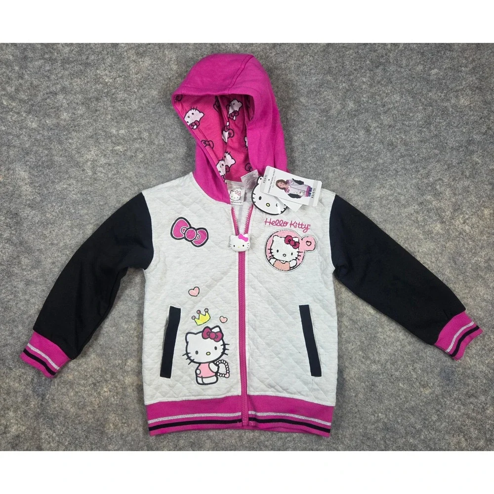 Hello Kitty Girls Quilted Zip Up Hoodie Jacket Grey Pink Black XS 4/5 New NWT